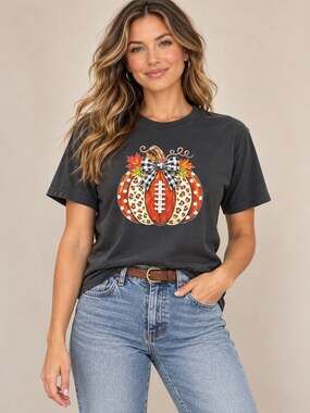 Comfort Colors Womens M Pumpkin Football Graphic Tee Charcoal Fall Bow Cotton